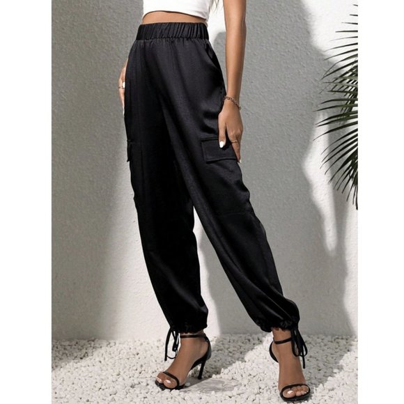 Luxe Look Satin Pocketed Joggers - Black - Picture 2 of 6